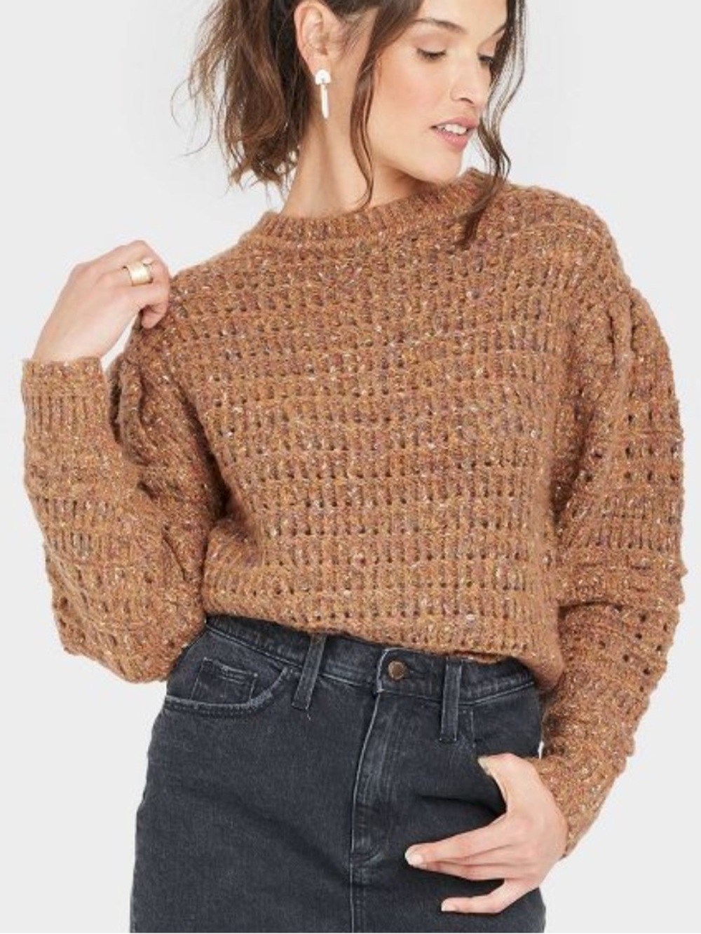 Universal Thread Chunky Crewneck Sweater with Puff Sleeve in Camel Brown